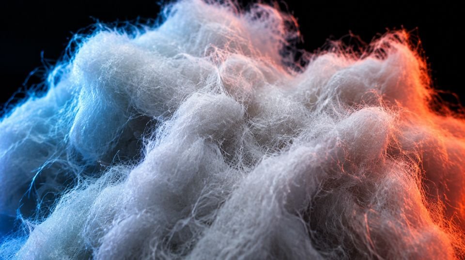 Close up of insulation fibers lit blue on one side and warm red on the other