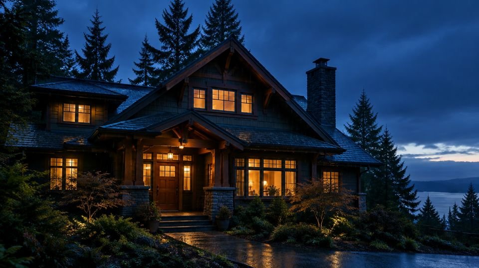 A Pacific Northwest home at dusk with warm light in the windows